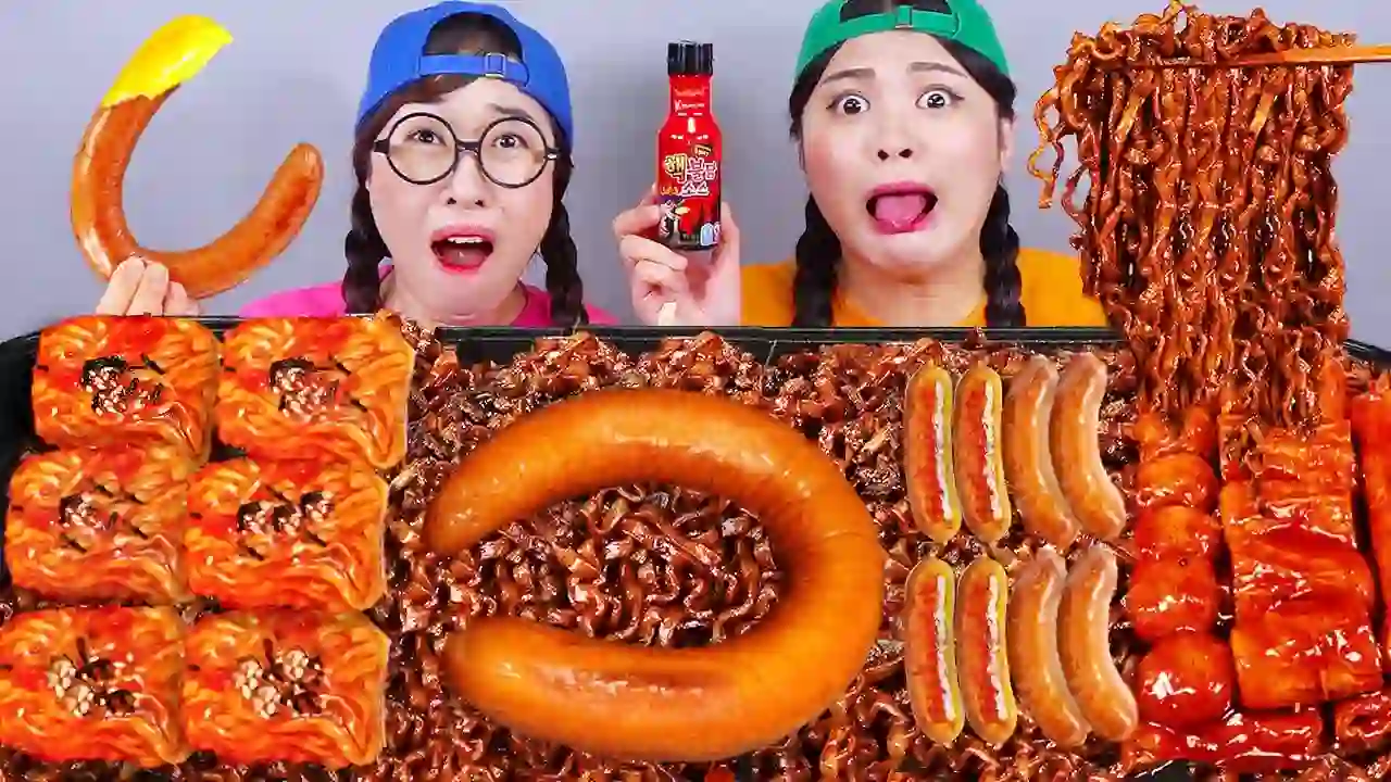 MUKBANG Seasoned Chicken Kielbasa Sausage Hot Dog Mukbang Fire Noodle Chicken Kielbasa Sausage Eating DONA